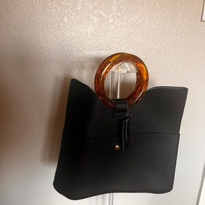 Ashley Stewart Black Faux Leather Handbag Tortoise Ring Top Handle